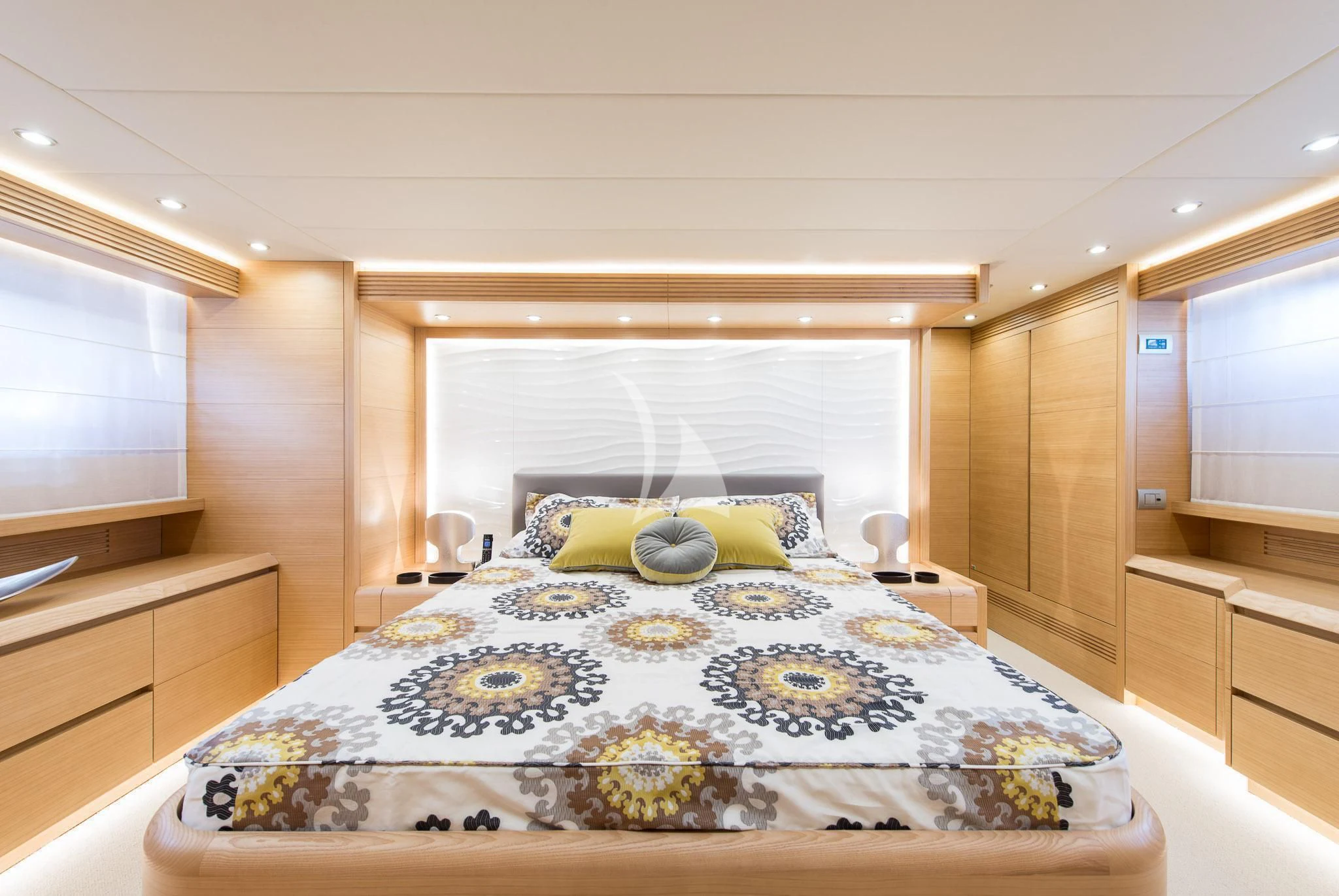 a bed in a room aboard MIREDO Yacht for Sale