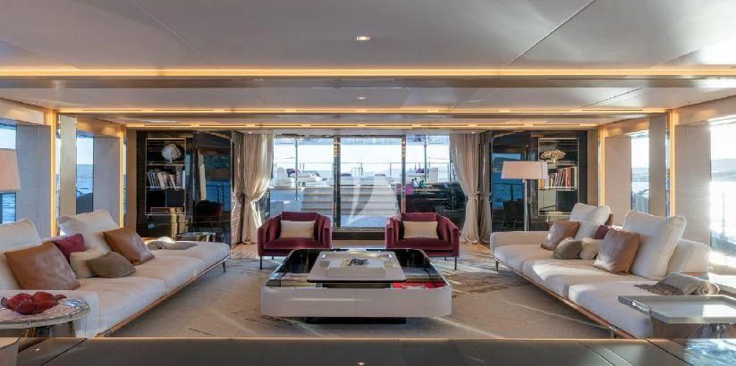 a living room with a large window aboard LEL Yacht for Sale
