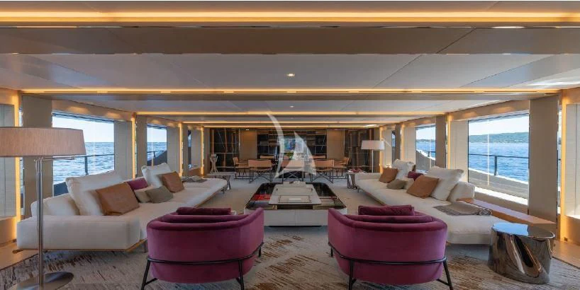 a living room with a large window aboard LEL Yacht for Sale