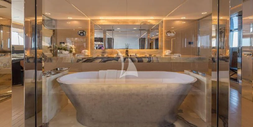 a large bathroom with a large bathtub aboard LEL Yacht for Sale