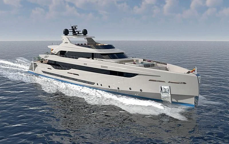 a white yacht on the beach aboard LEL Yacht for Sale