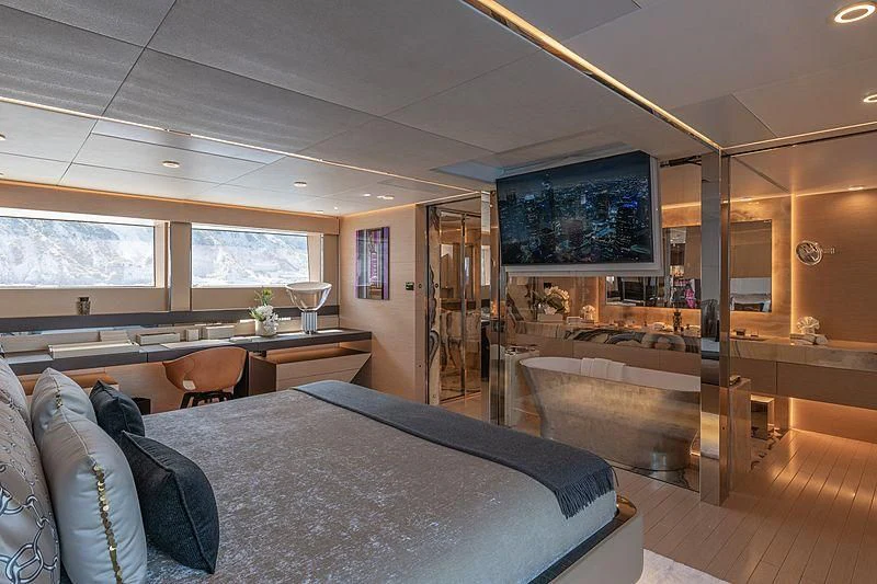 a bedroom with a large bed aboard LEL Yacht for Sale