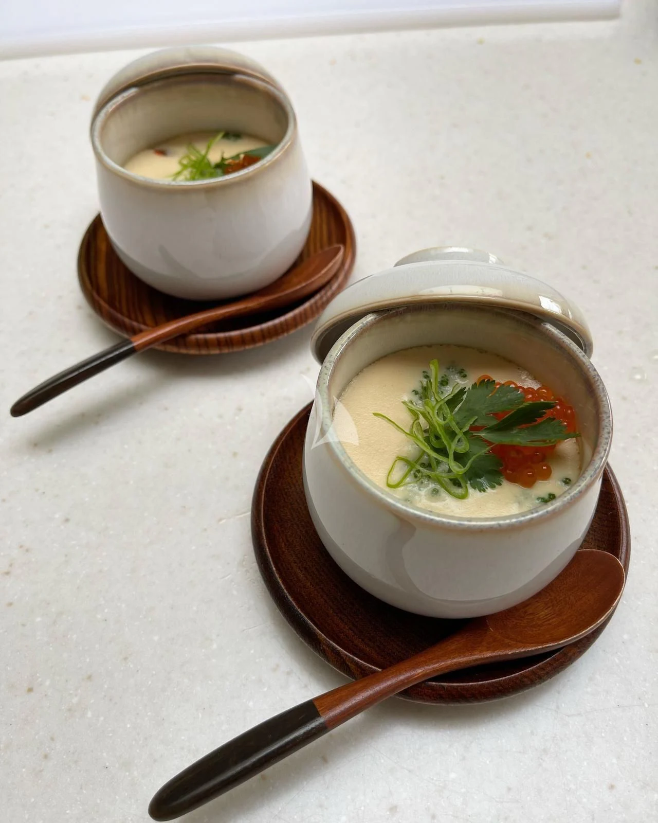 a couple of bowls with soup in them aboard LEL Yacht for Sale