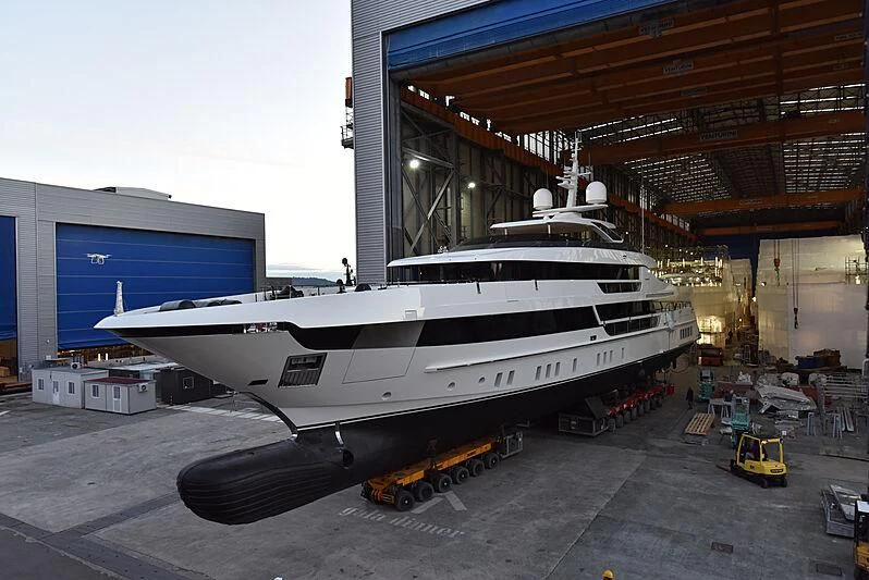 a large white boat in a warehouse aboard ORAS Yacht for Sale