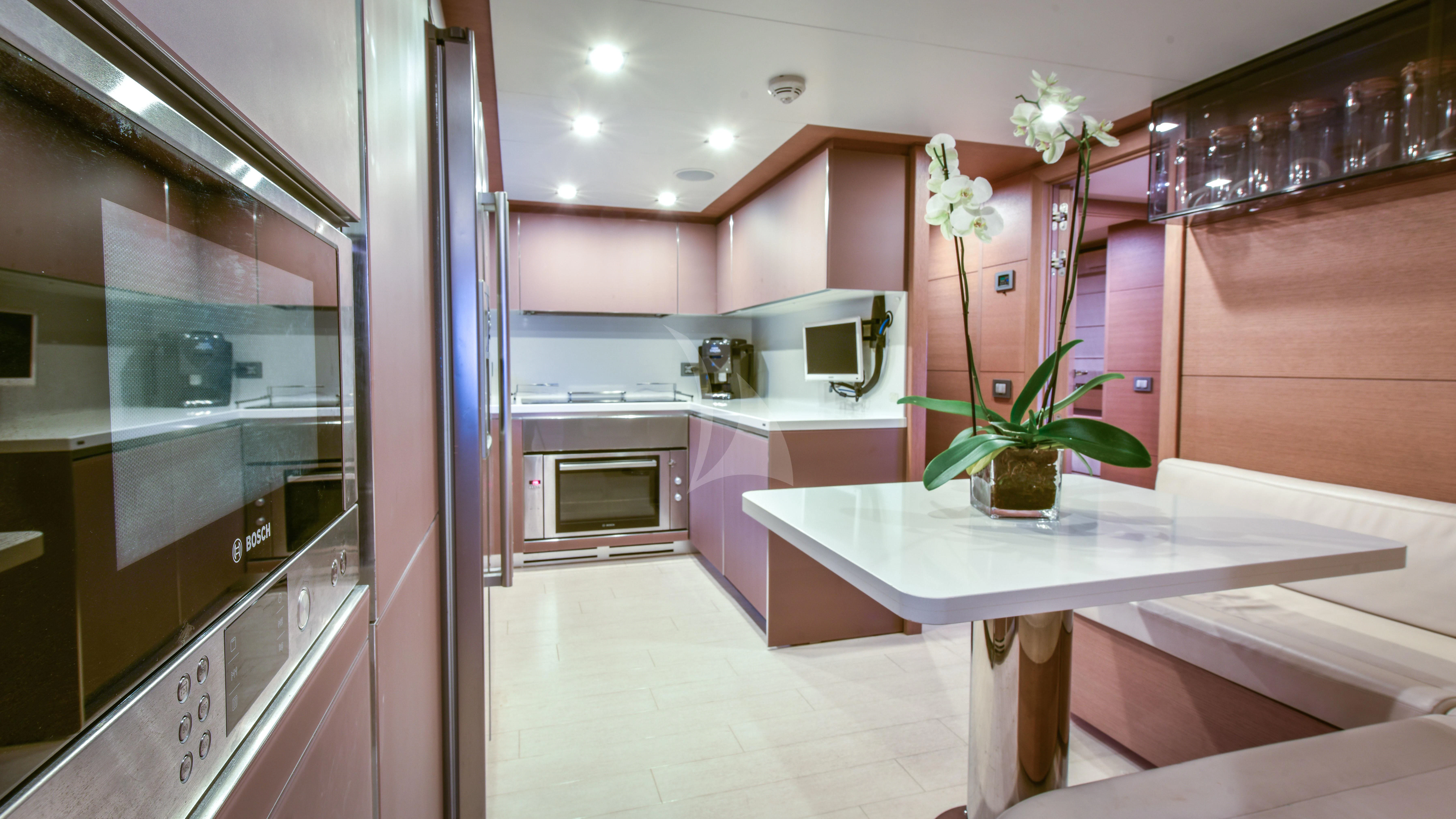a kitchen with a table and a plant in the middle aboard THALYSSA Yacht for Charter