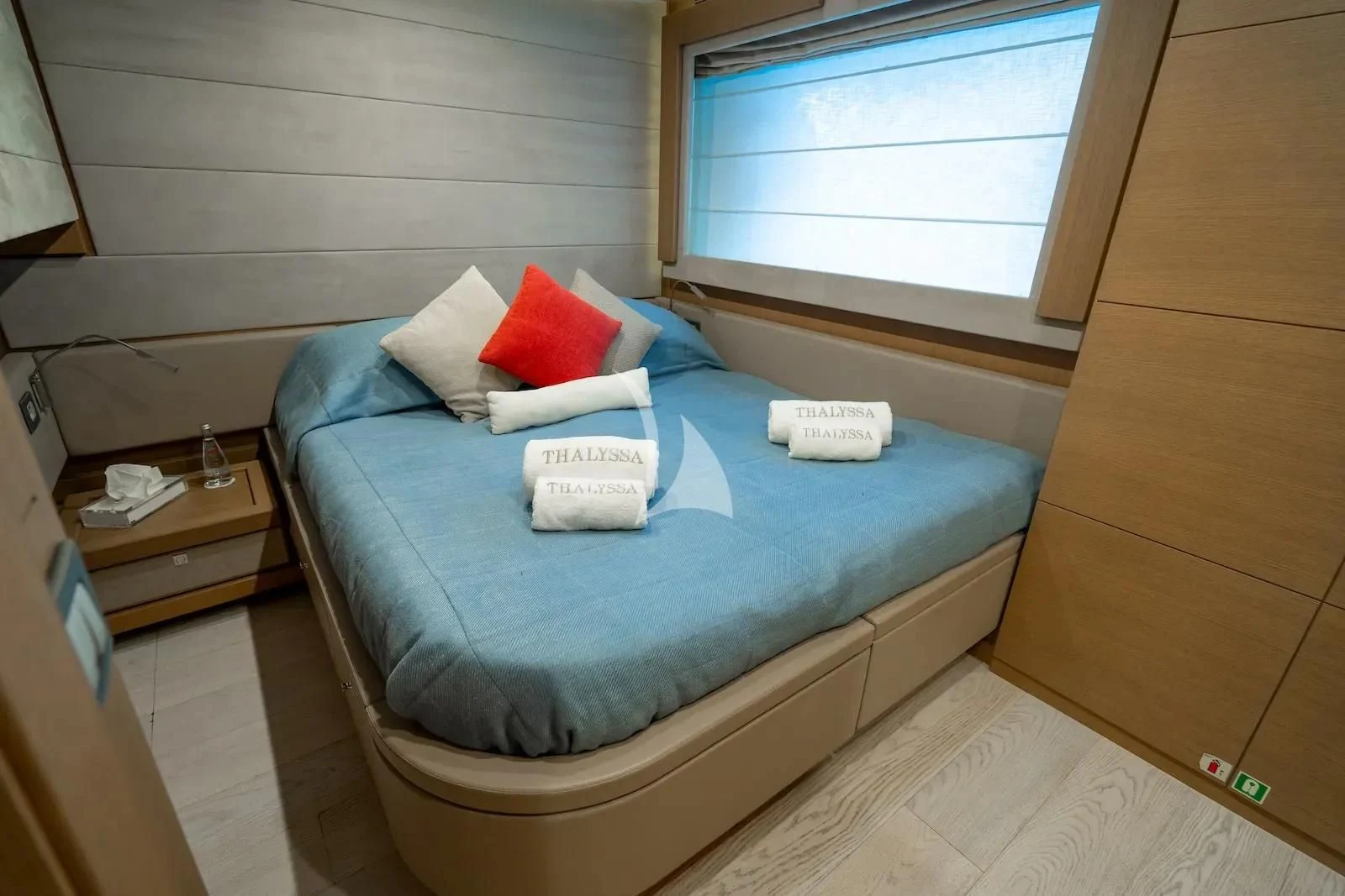 a bed in a room aboard THALYSSA Yacht for Charter