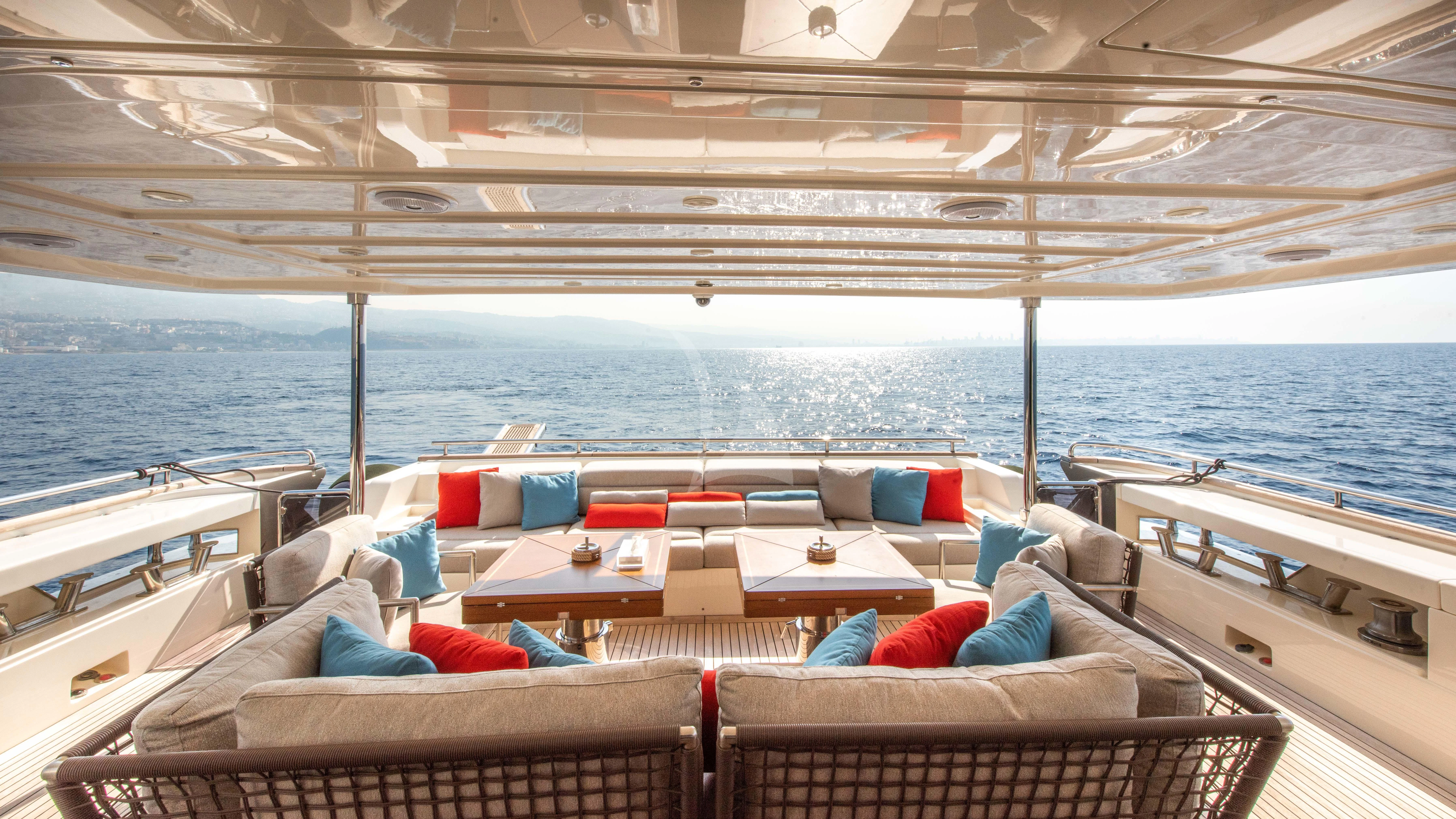 a lounge area with a large body of water in the background aboard THALYSSA Yacht for Charter