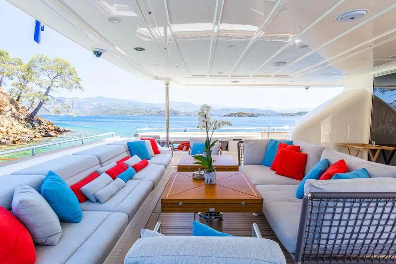 a room with couches and a table and a view of the water aboard THALYSSA Yacht for Charter