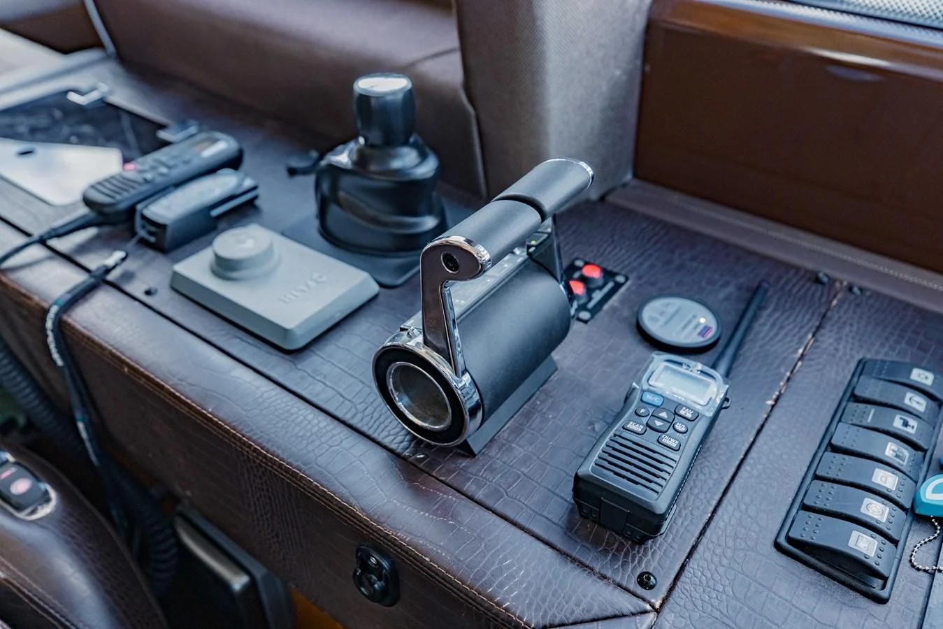 a car with a radio and other electronics on it aboard SYLVIA VI Yacht for Sale