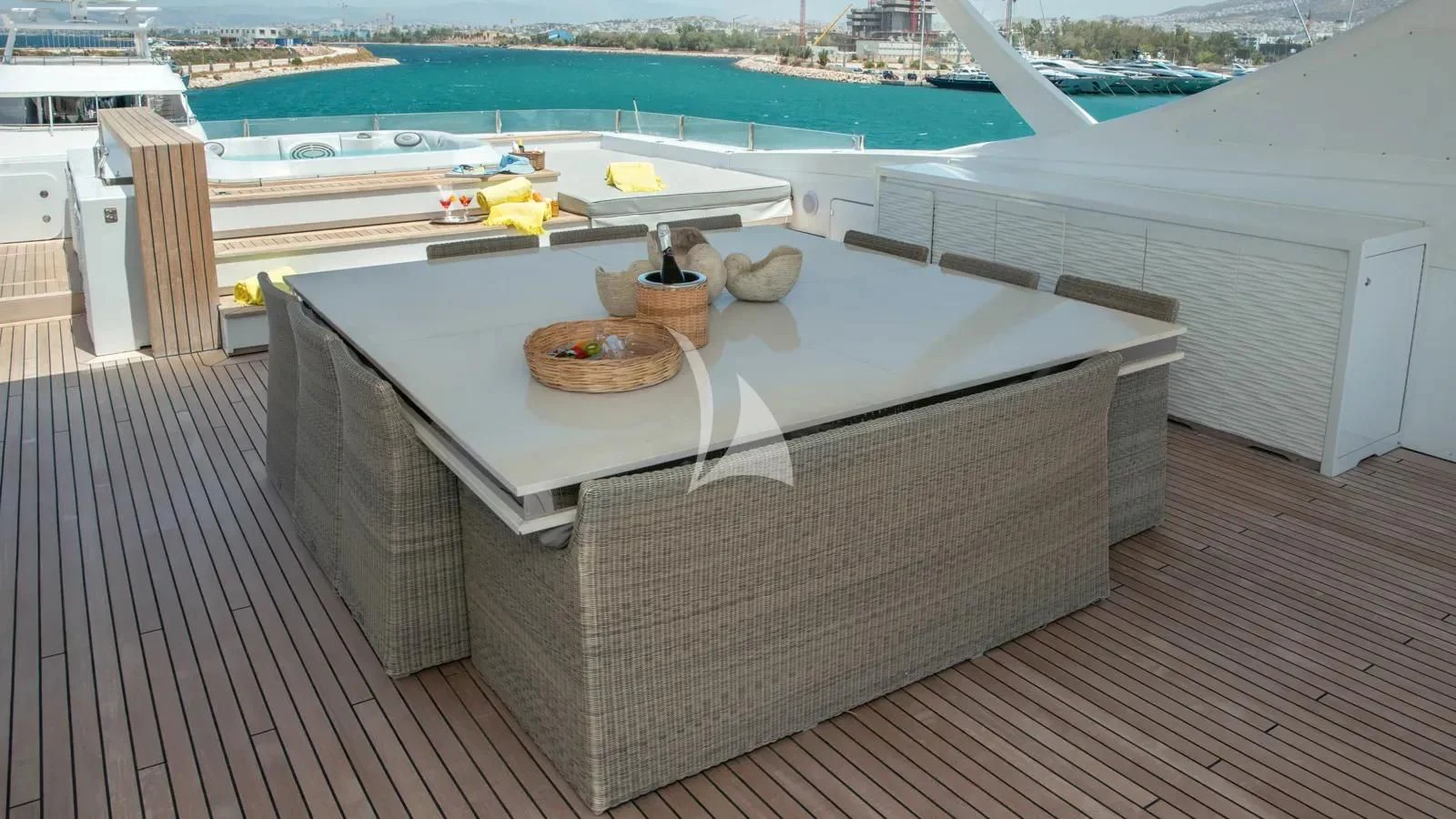 a table with food on it aboard IPANEMAS Yacht for Sale