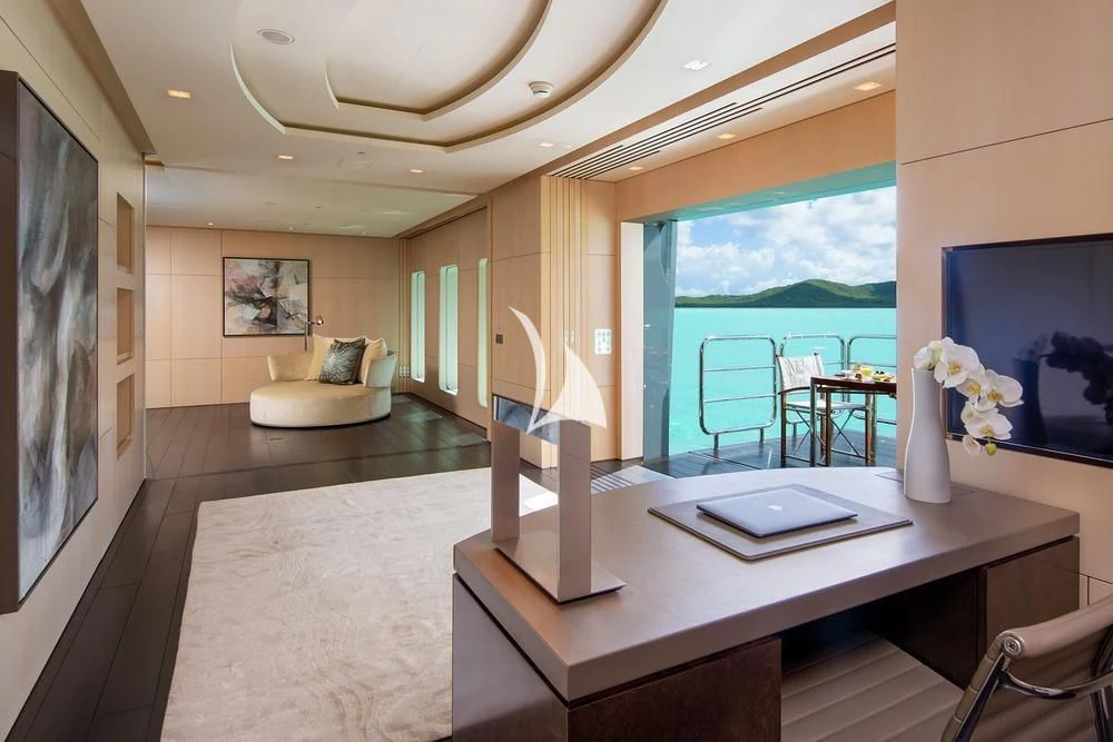a modern looking living room aboard SIREN Yacht for Sale