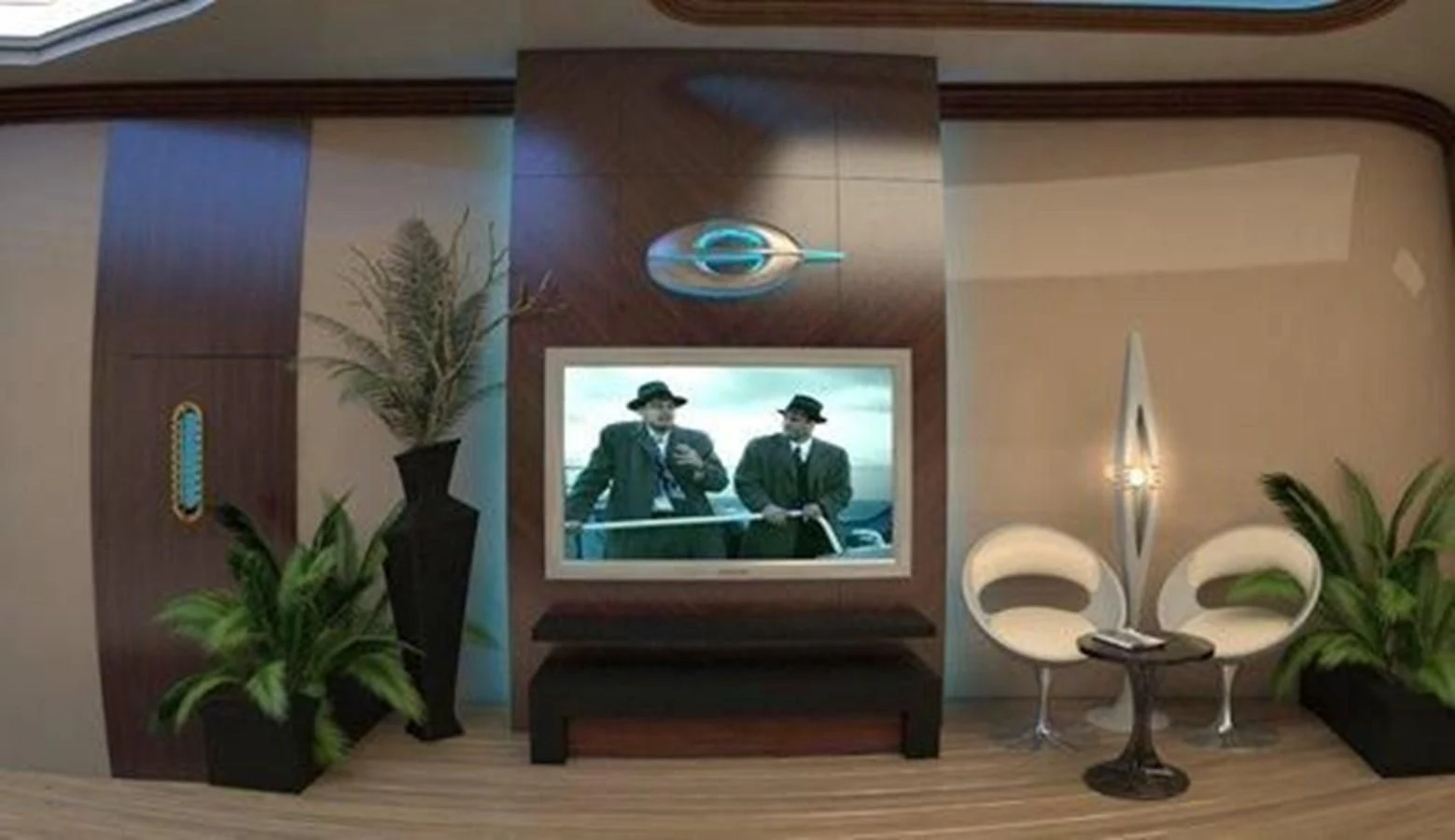 a room with a television and candles aboard 2020 ORION ORSOS ISLAND Yacht for Sale