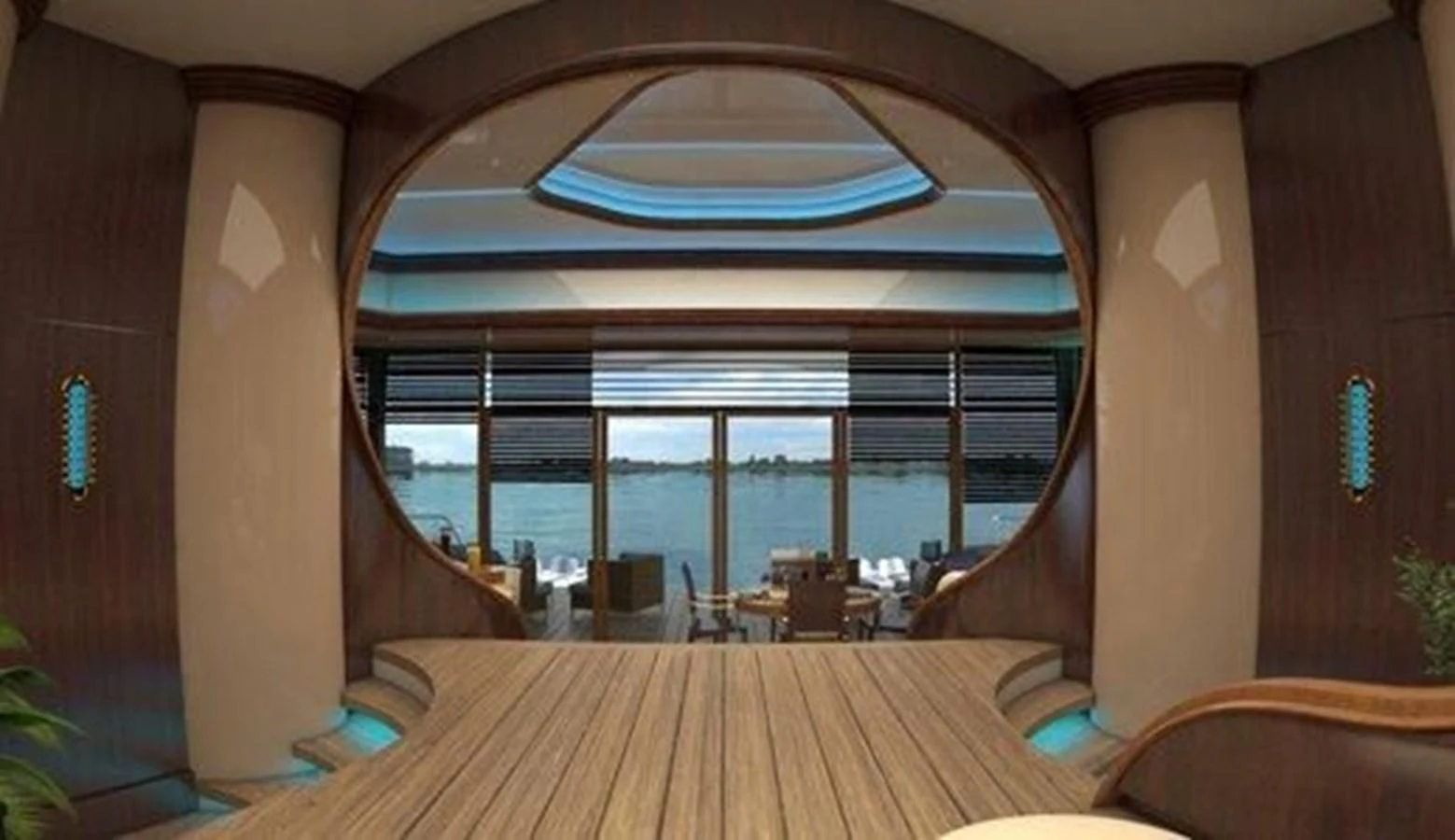 a room with a large window and a wood table with chairs and a view of the ocean aboard 2020 ORION ORSOS ISLAND Yacht for Sale