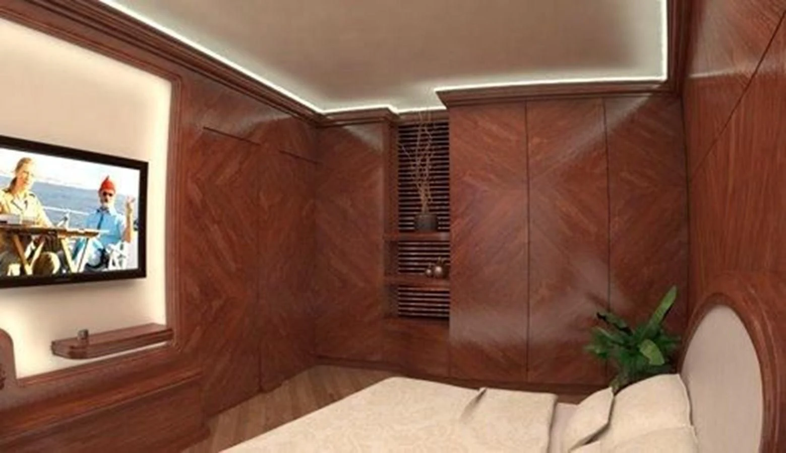 a room with a television and a chair aboard 2020 ORION ORSOS ISLAND Yacht for Sale