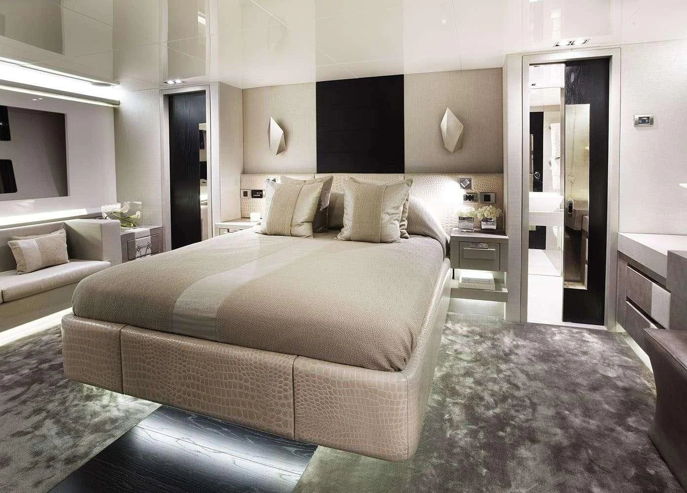 a modern looking living room aboard FINALLY Yacht for Charter