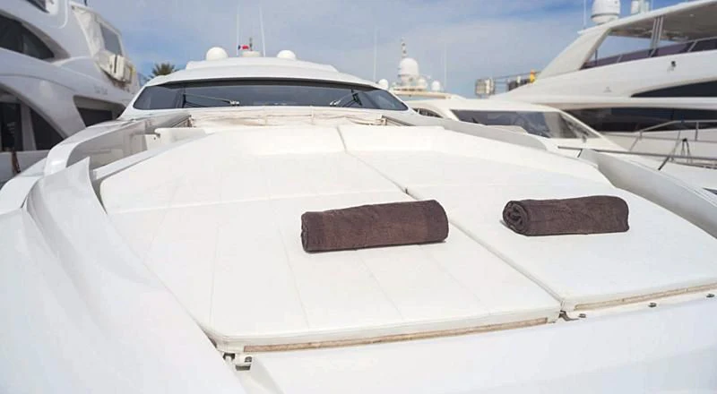 a white yacht with a white roof aboard A&O Yacht for Sale