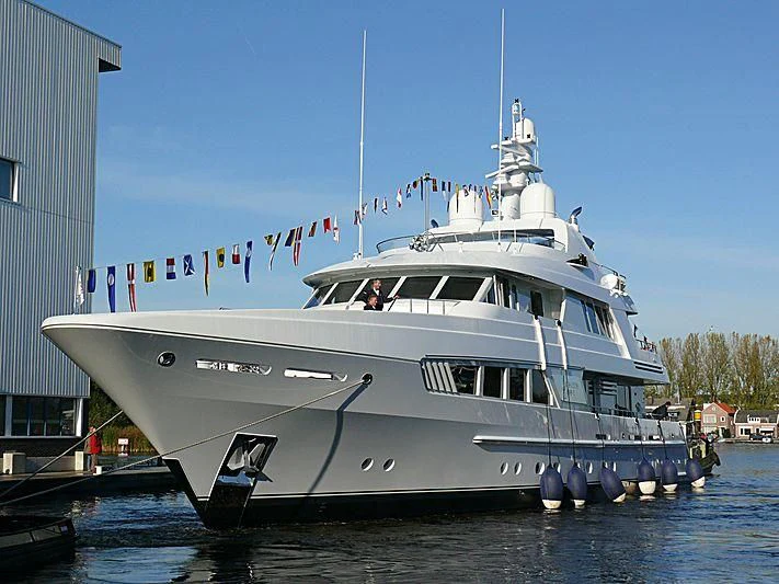 a large white boat in the water aboard KATHLEEN ANNE Yacht for Sale