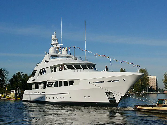 a large white boat with ropes aboard KATHLEEN ANNE Yacht for Sale