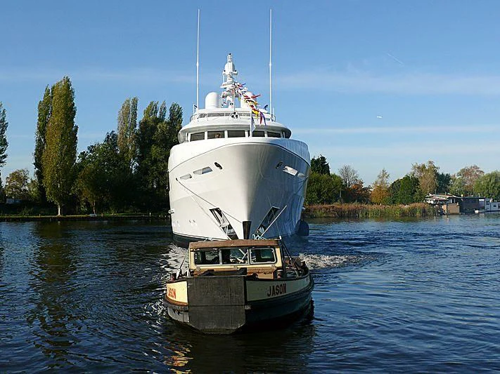 a large white boat in the water aboard KATHLEEN ANNE Yacht for Sale