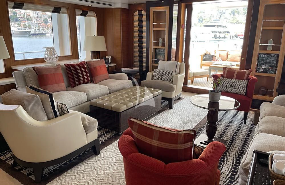 a living room with a large window aboard KATHLEEN ANNE Yacht for Sale