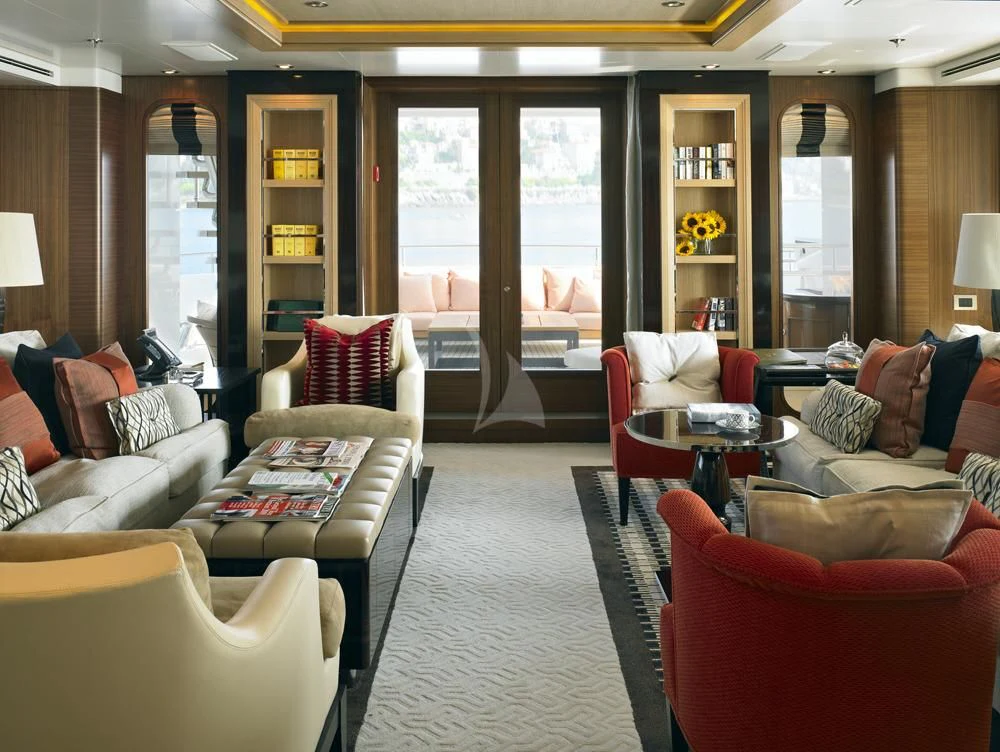 a living room with a large window aboard KATHLEEN ANNE Yacht for Sale