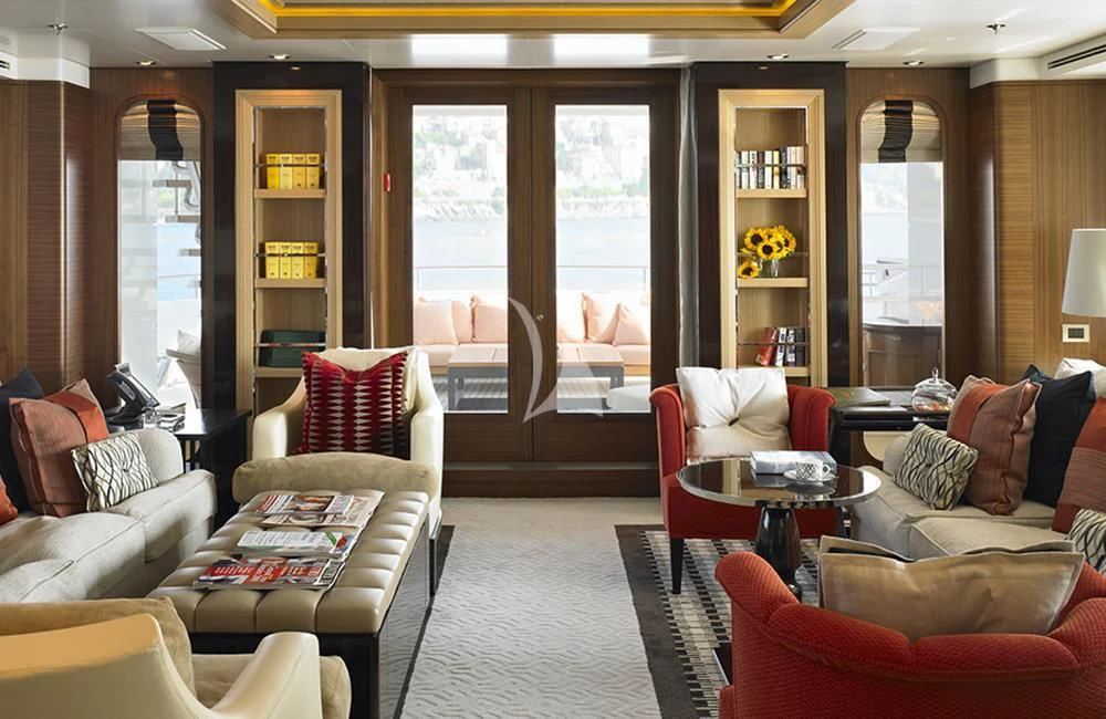 a living room with a large window aboard KATHLEEN ANNE Yacht for Sale