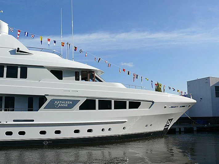 a large white boat in the water aboard KATHLEEN ANNE Yacht for Sale