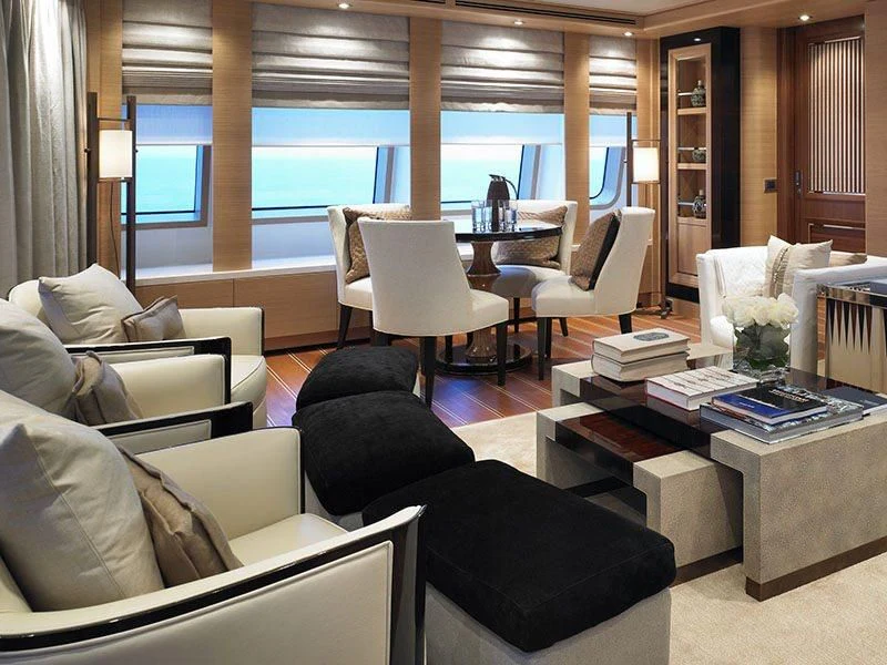 a living room with a large window aboard KATHLEEN ANNE Yacht for Sale
