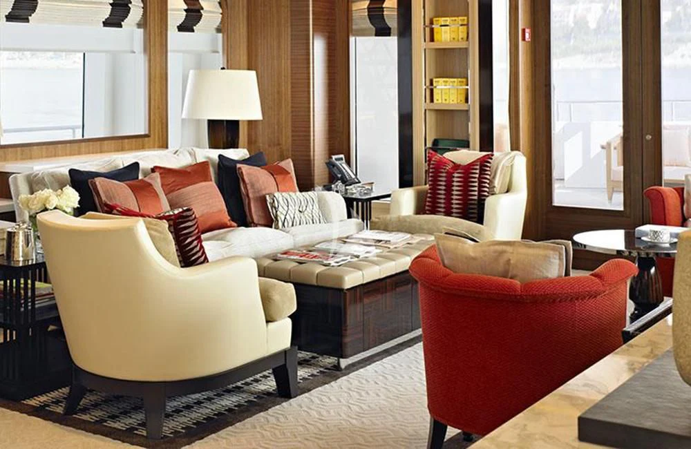 a living room with a large window aboard KATHLEEN ANNE Yacht for Sale