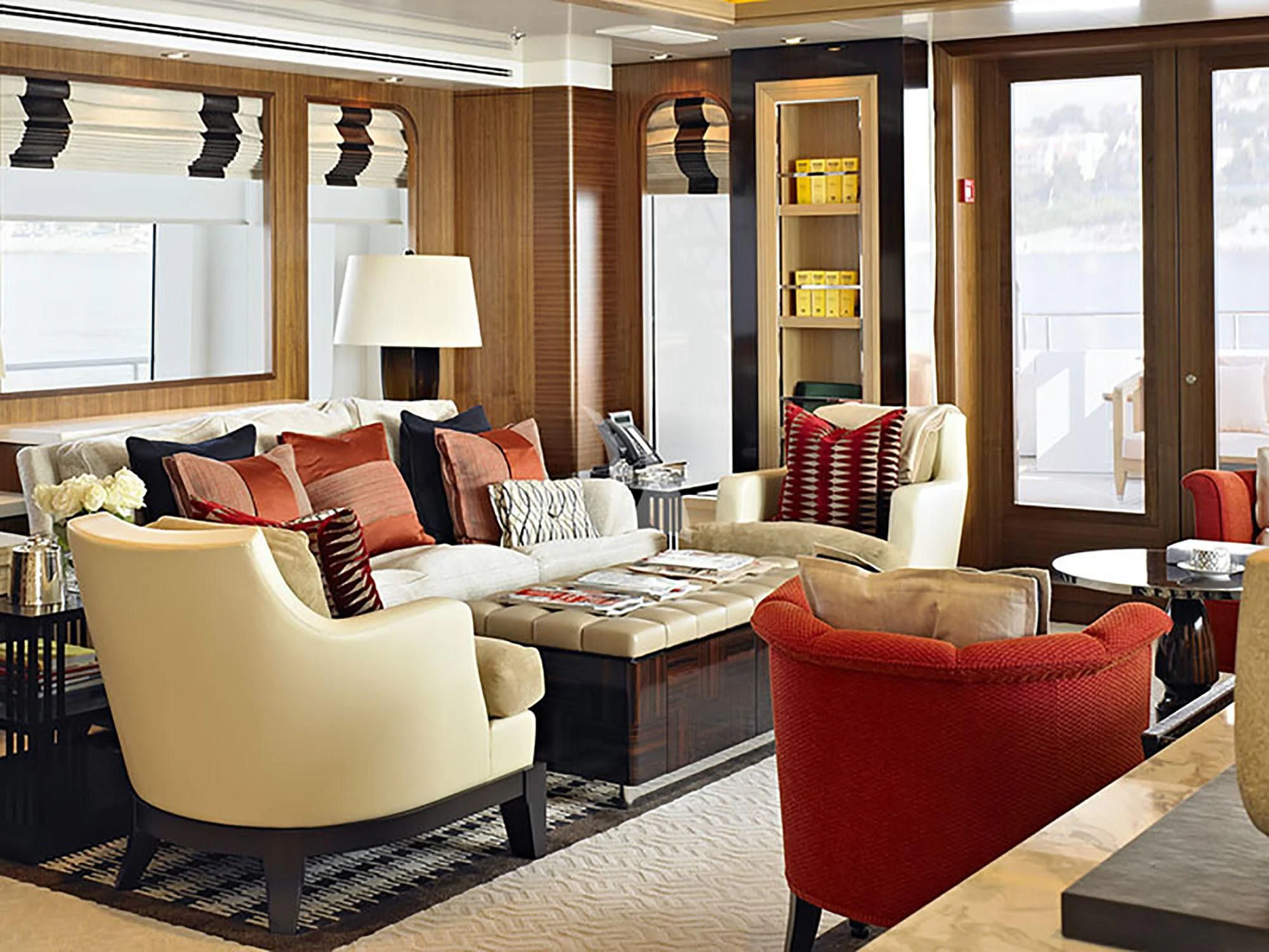 a living room with a large window aboard KATHLEEN ANNE Yacht for Sale