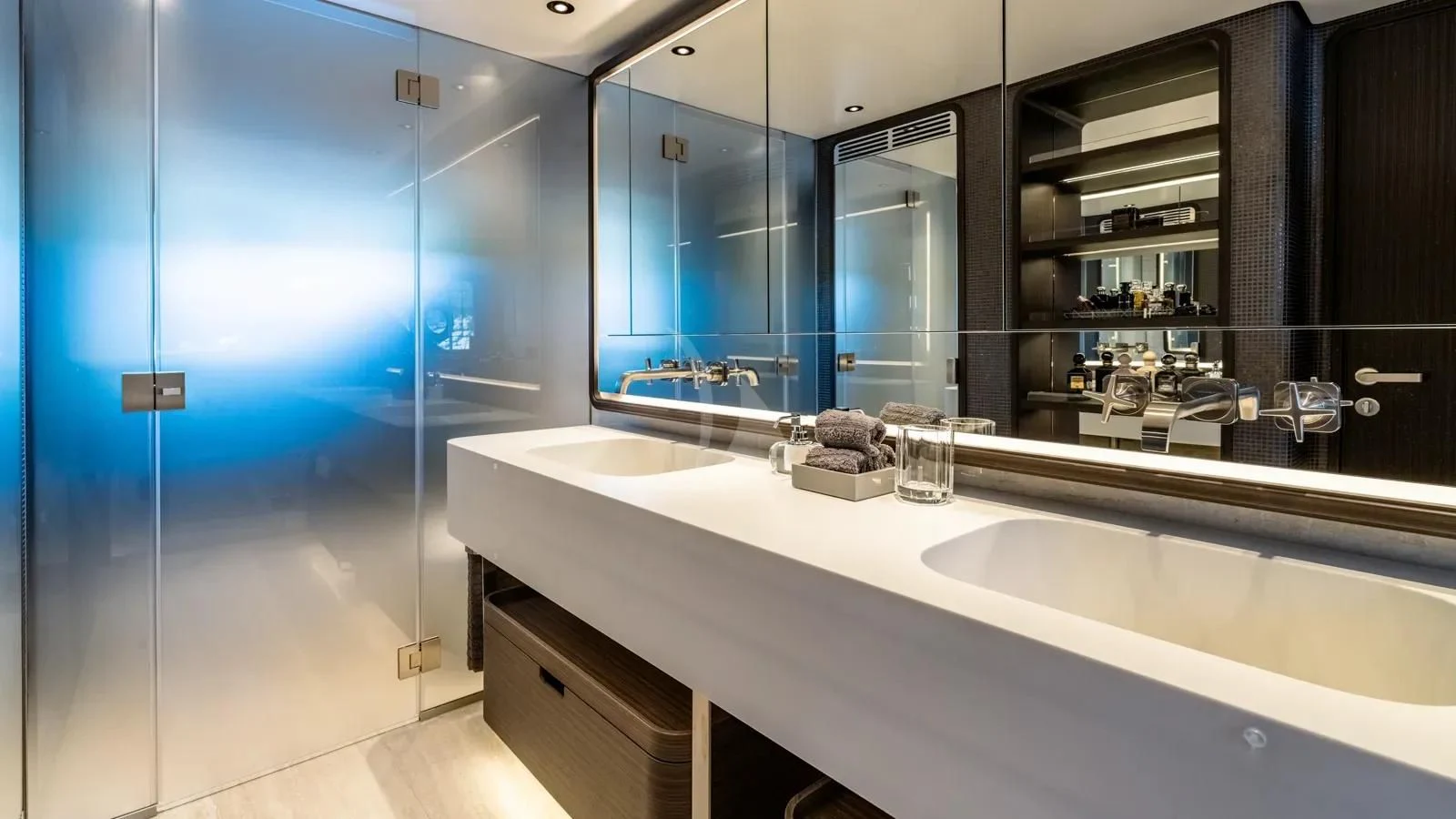 a bathroom with a large countertop aboard AT ONE Yacht for Charter