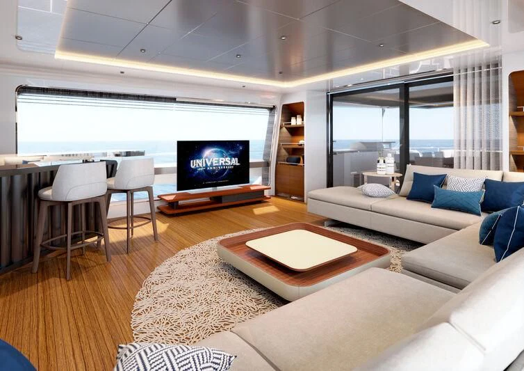 a living room with a large screen aboard OCEAN ALEXANDER 35P02 Yacht for Sale