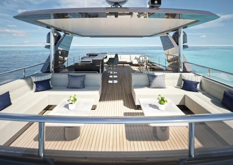 a deck with a large ship in the background aboard OCEAN ALEXANDER 35P02 Yacht for Sale