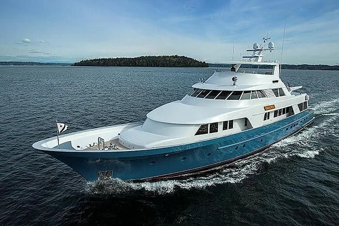 a large white boat on the water aboard MARLINDA Yacht for Sale