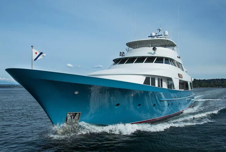 a large white boat on the water aboard MARLINDA Yacht for Sale