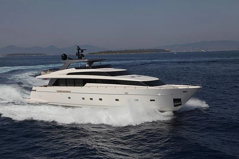 a white yacht on the water aboard INDIGO Yacht for Sale