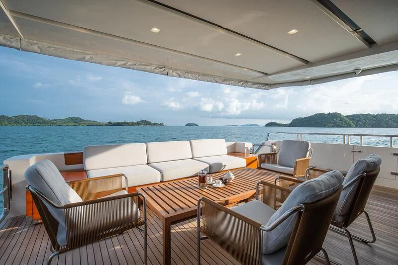 a table and chairs on a boat aboard INDIGO Yacht for Sale
