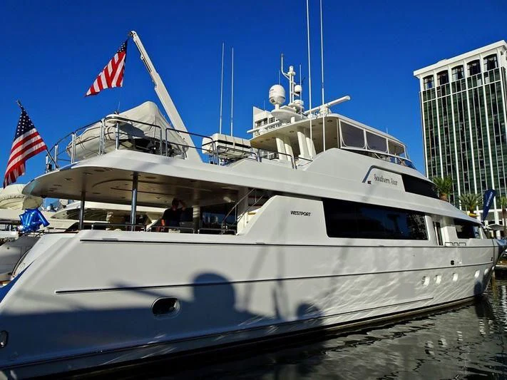 a boat with flags on it aboard INDIGO Yacht for Sale
