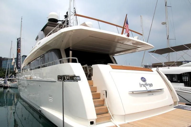 a boat docked at a pier aboard INDIGO Yacht for Sale