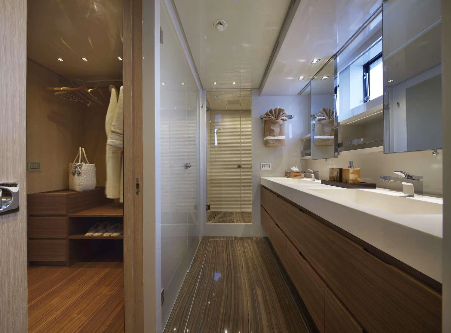 a bathroom with a large countertop aboard INDIGO Yacht for Sale