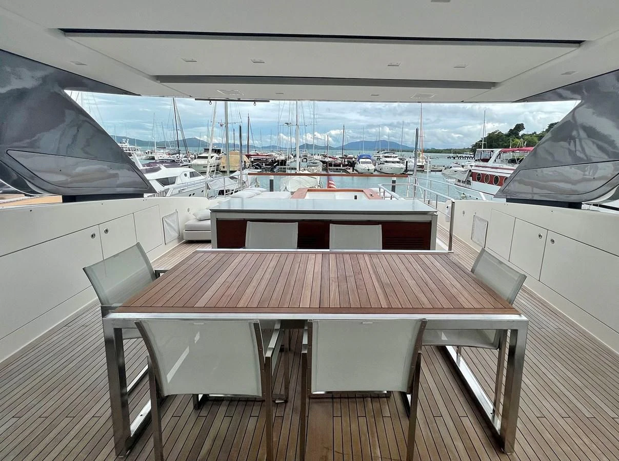 a table on a deck aboard INDIGO Yacht for Sale