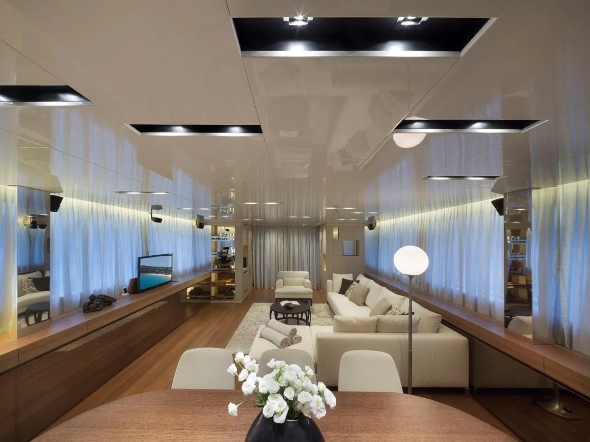a modern looking living room aboard INDIGO Yacht for Sale