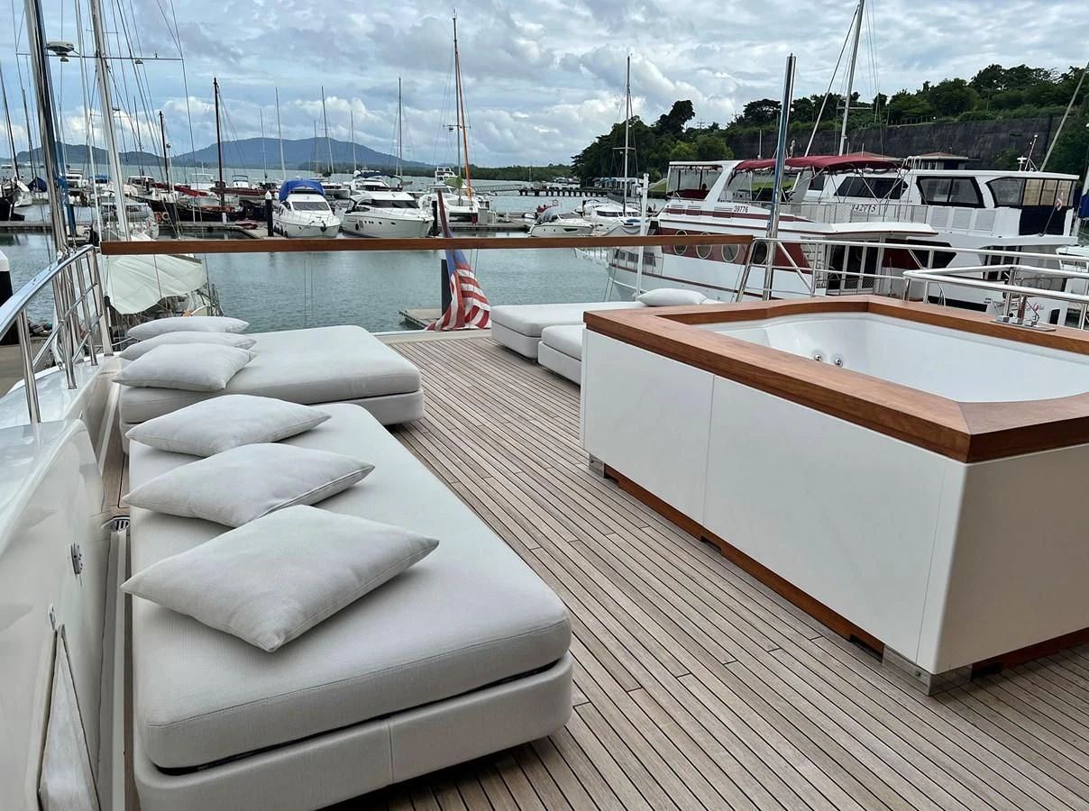 a deck with many boats aboard INDIGO Yacht for Sale