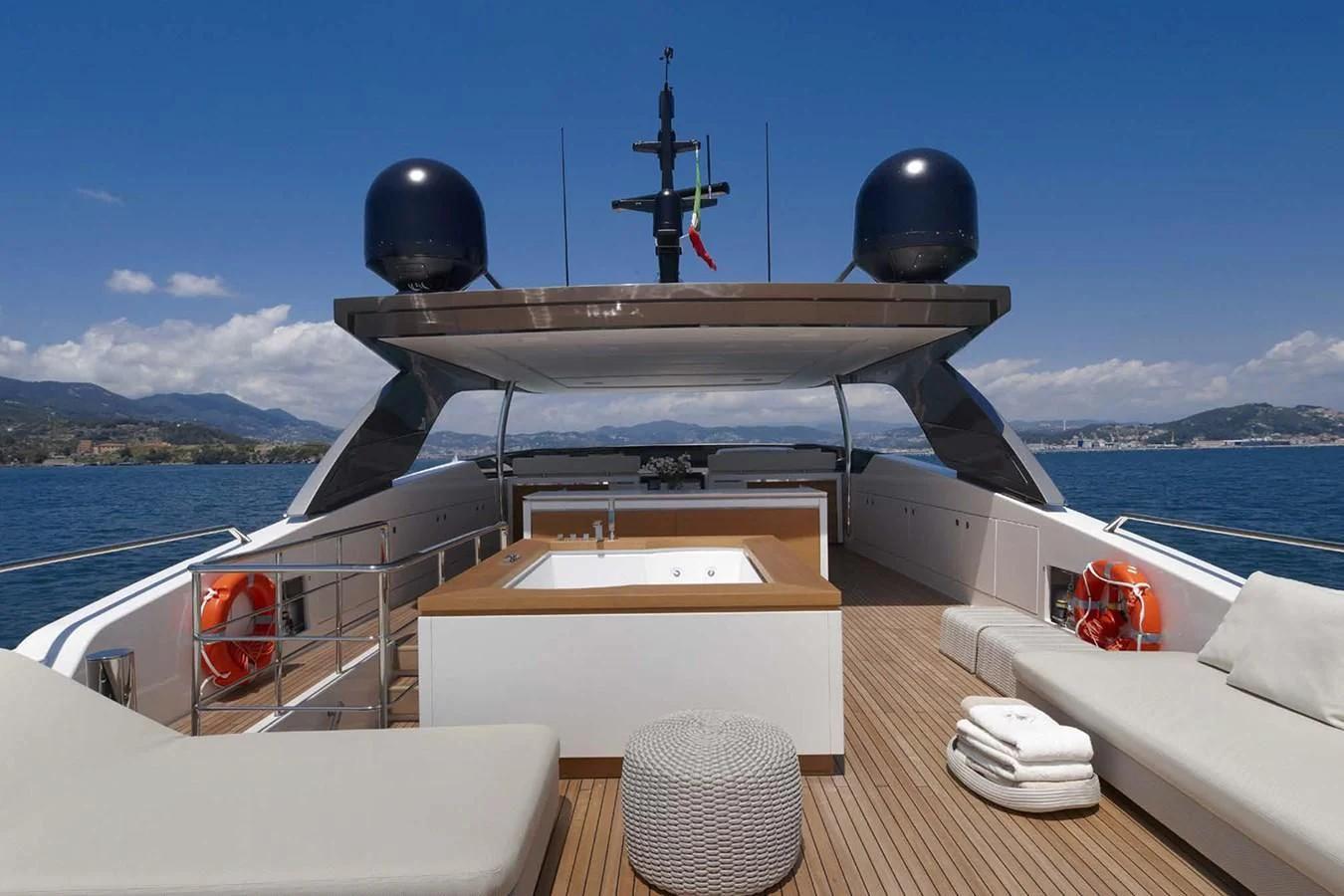 a boat with a large satellite dish on it aboard INDIGO Yacht for Sale