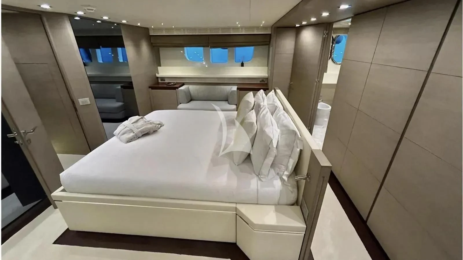 a bed in a room aboard DADDY'S DREAM 888 Yacht for Charter
