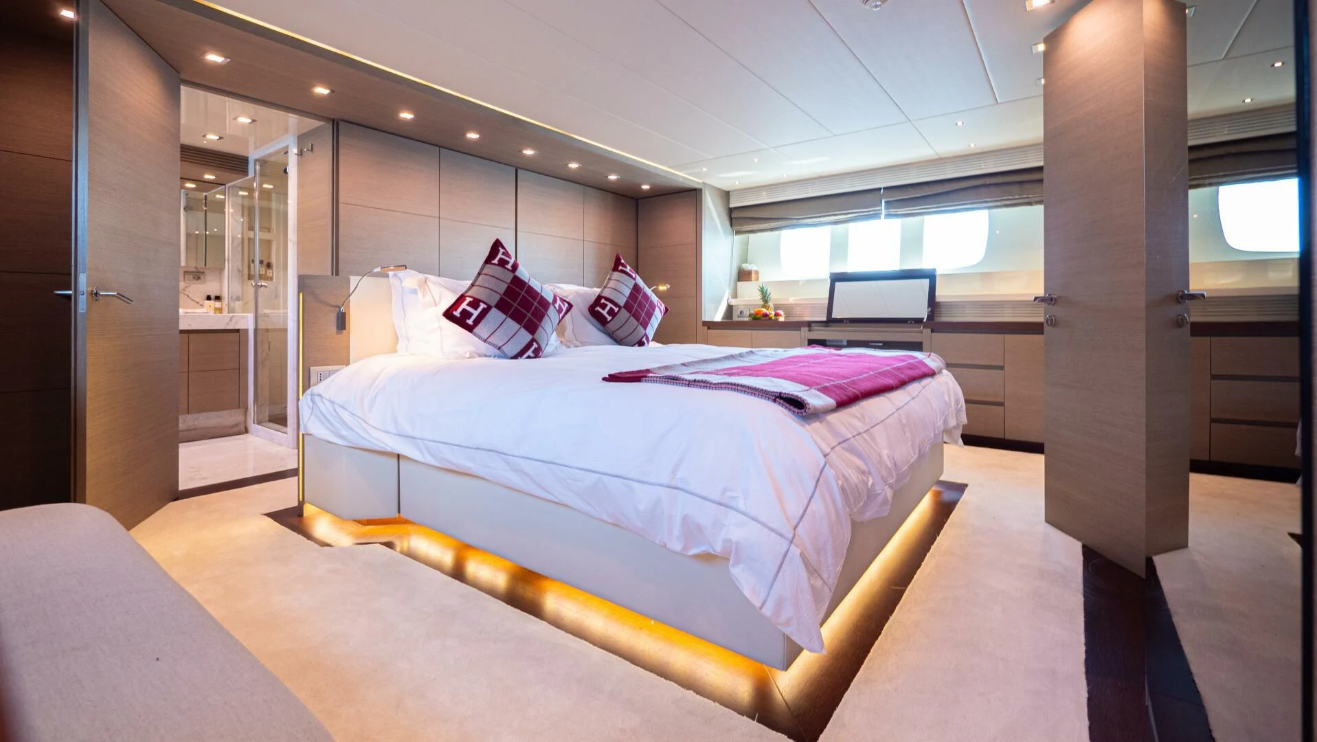 a bed in a room aboard DADDY'S DREAM 888 Yacht for Charter