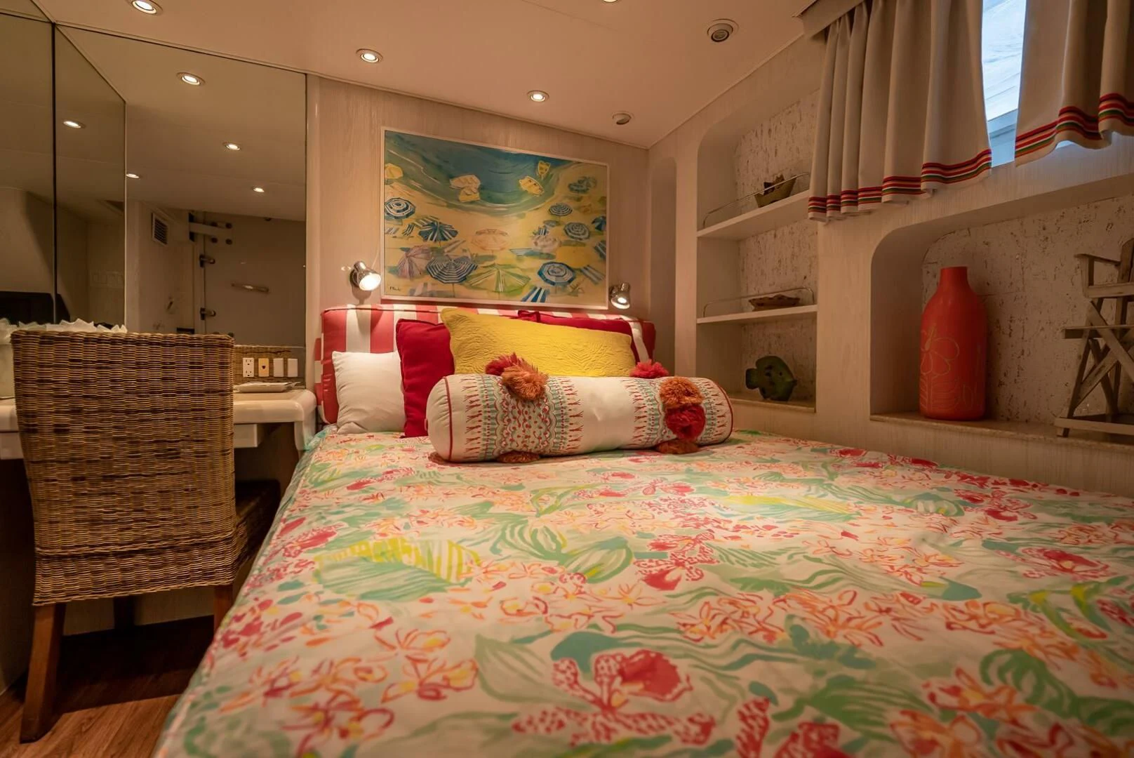 a bedroom with a bed and a chair aboard MY WAY Yacht for Sale