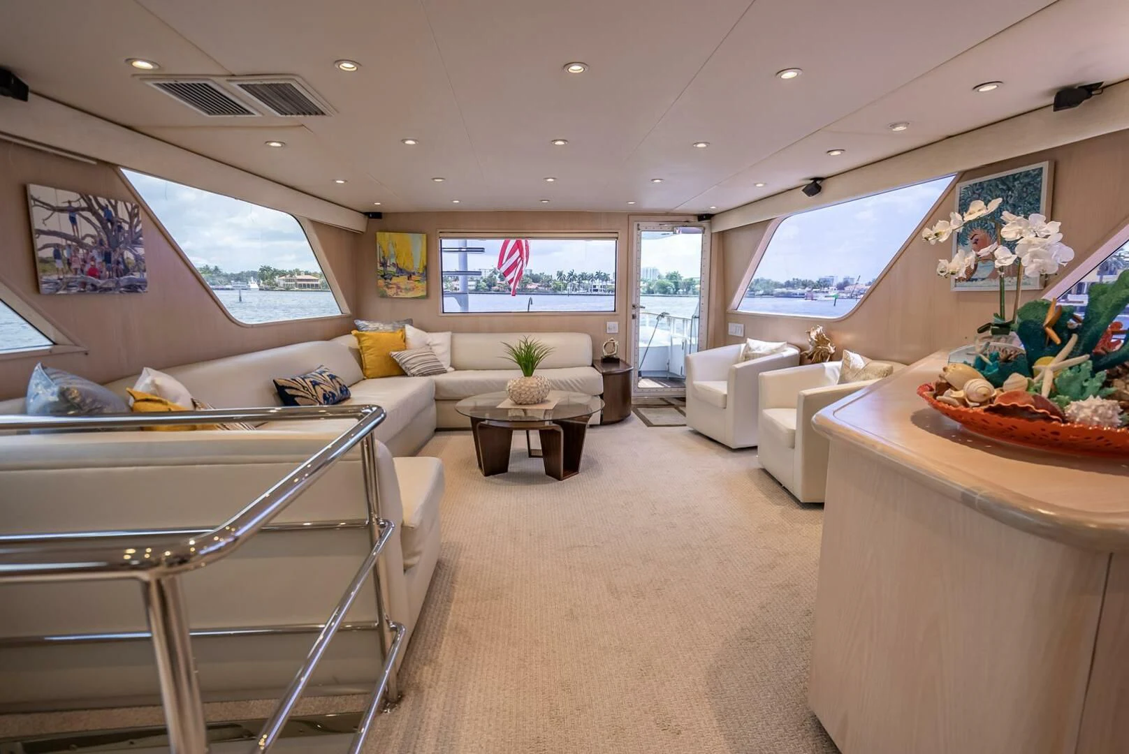 a living room with a large window aboard MY WAY Yacht for Sale