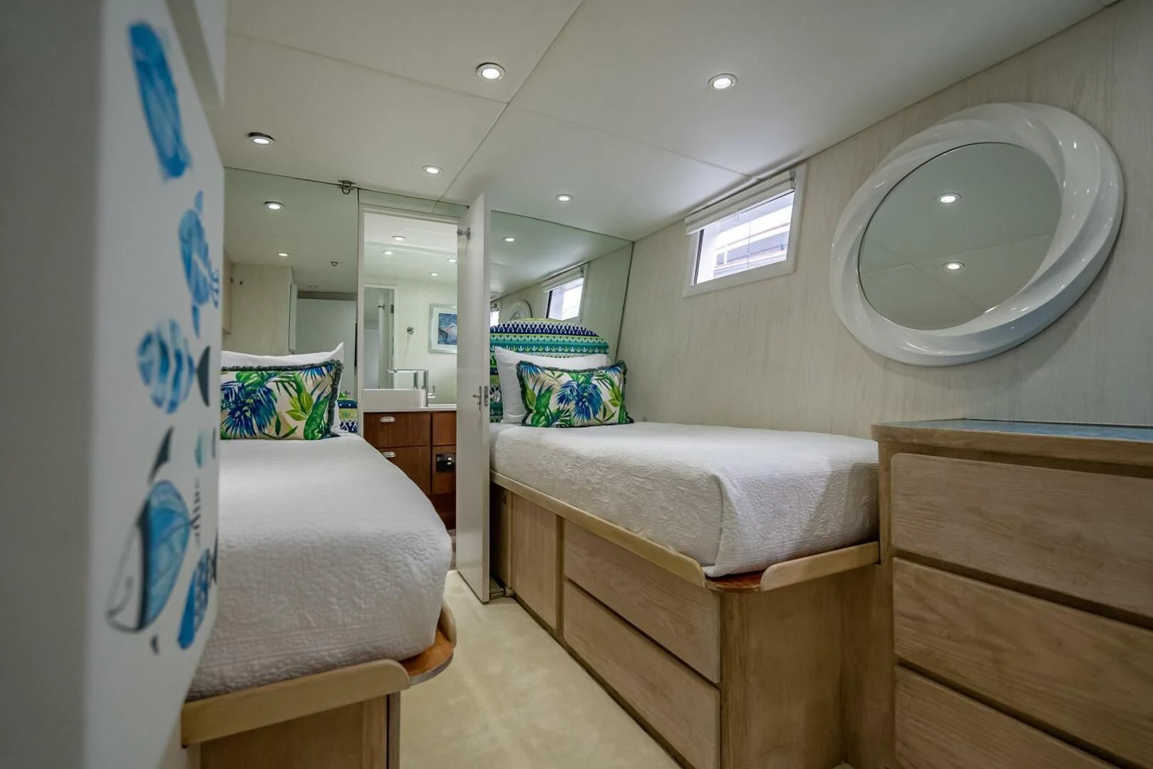a room with a bed and a mirror aboard MY WAY Yacht for Sale