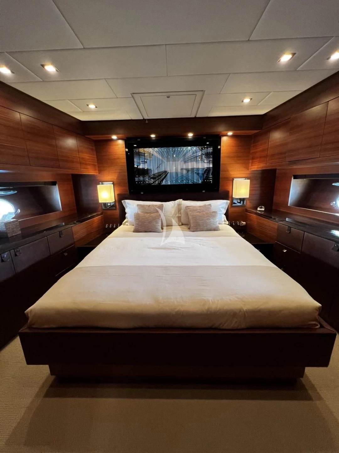 a bed in a room aboard ECLAT Yacht for Sale